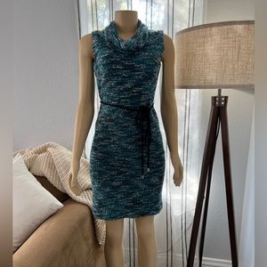 Laudrew Boucle Marled Dress Sleeveless Cowl Neck Size 4 Blue Green Knit Sheath
